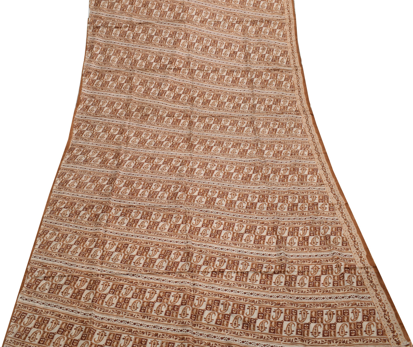 Sushila Vintage Cream Saree 100% Pure Silk Printed Paisley Soft Craft Fabric