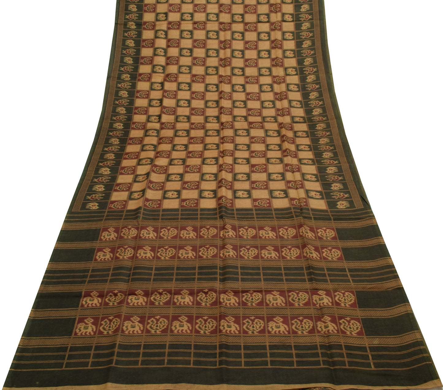 Sushila Vintage Brown Saree Blend Silk Printed Animals Soft Craft 5 Yard Fabric