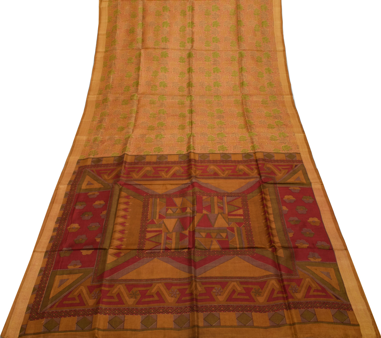 Sushila Vintage Light Brown Saree Pure Silk Printed Floral Soft Craft Fabric