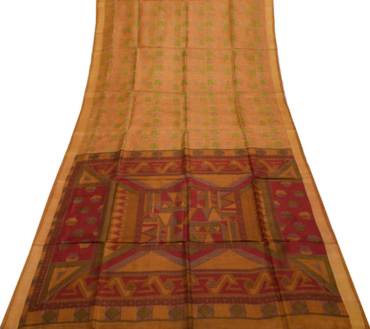 Sushila Vintage Light Brown Saree Pure Silk Printed Floral Soft Craft Fabric