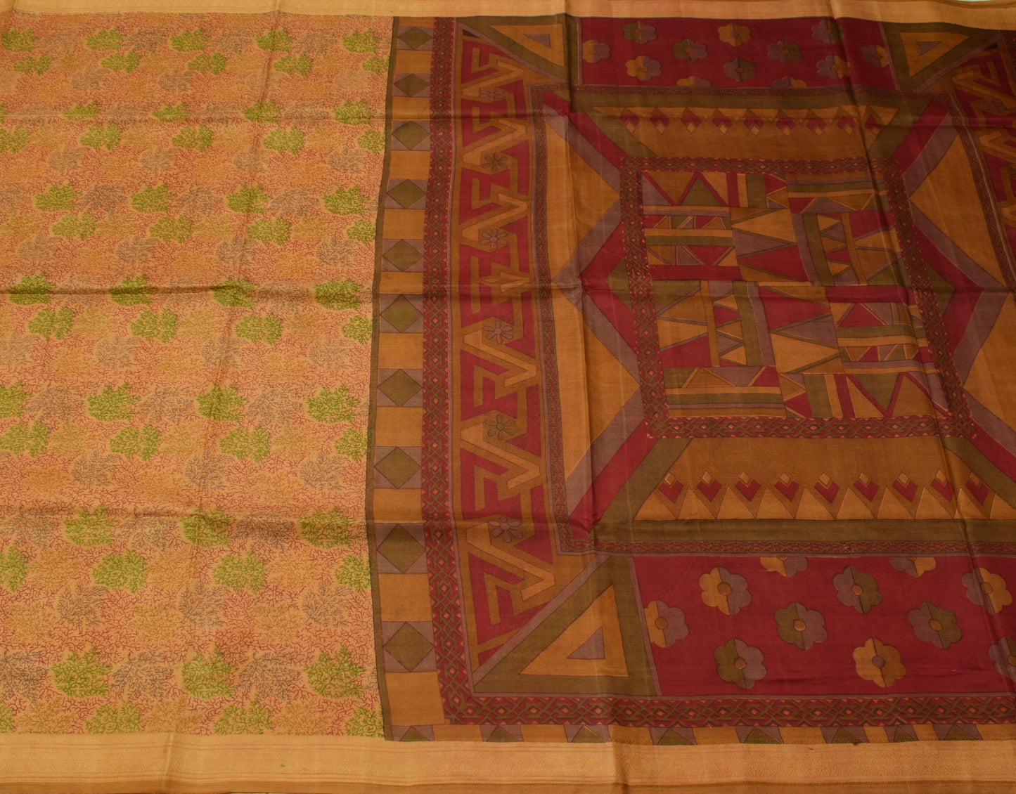 Sushila Vintage Light Brown Saree Pure Silk Printed Floral Soft Craft Fabric