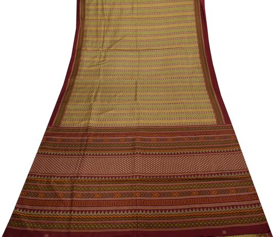 Sushila Vintage Cream Saree Blend Silk Printed Floral Soft Craft 5 Yard Fabric