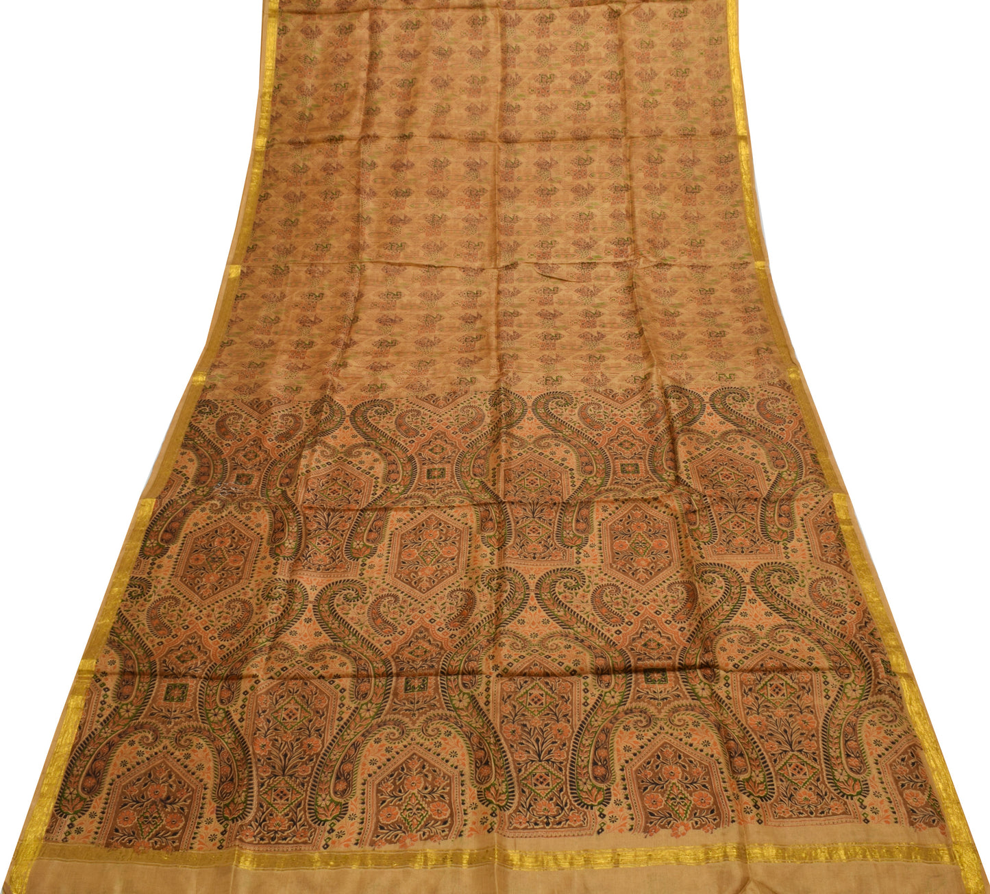 Sushila Vintage Brown Saree 100% Pure Silk Printed Soft Craft 5 Yard Sari Fabric