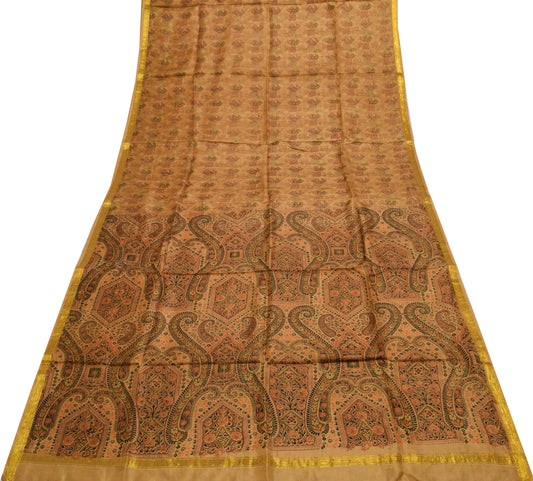 Sushila Vintage Brown Saree 100% Pure Silk Printed Soft Craft 5 Yard Sari Fabric