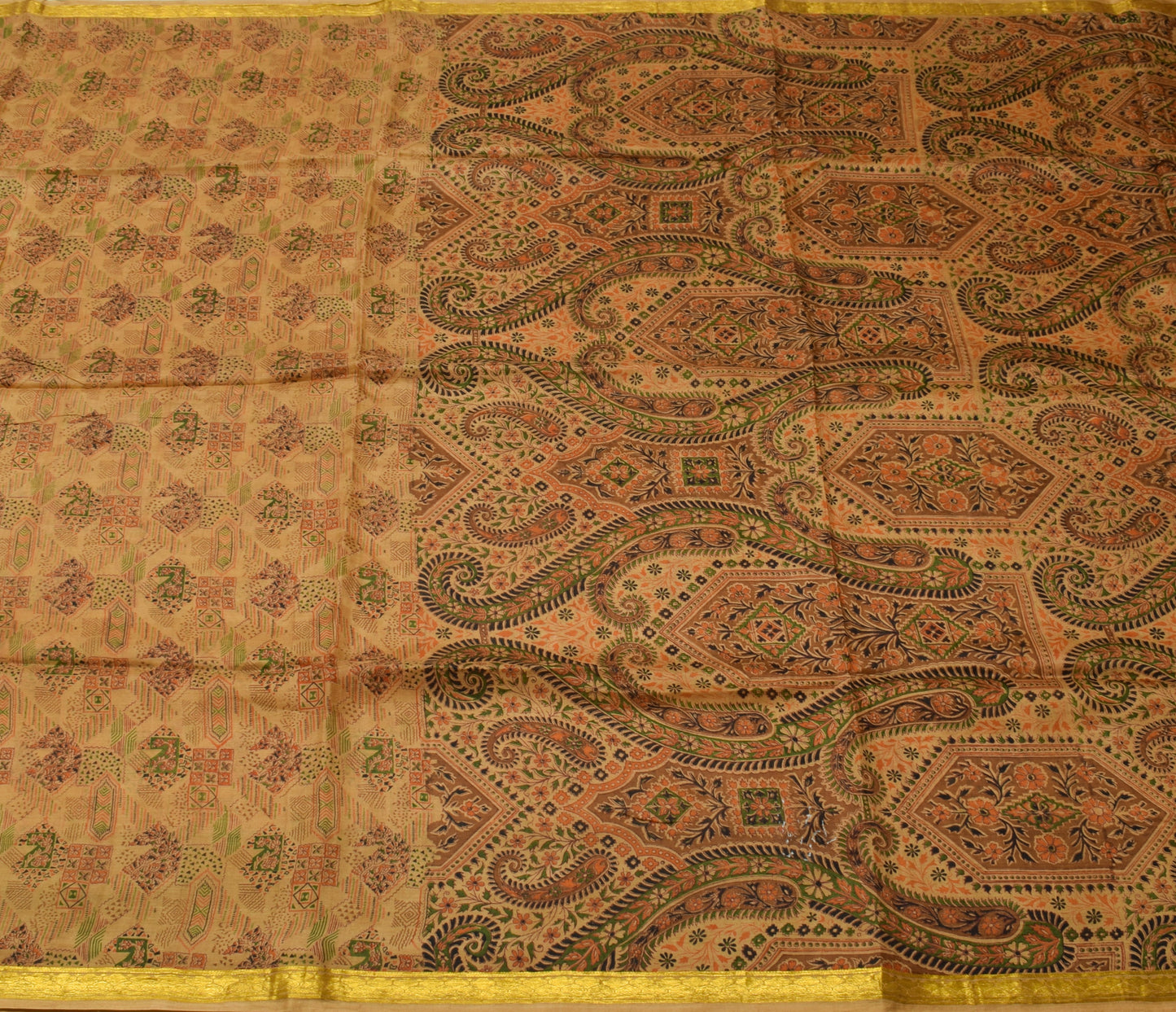 Sushila Vintage Brown Saree 100% Pure Silk Printed Soft Craft 5 Yard Sari Fabric