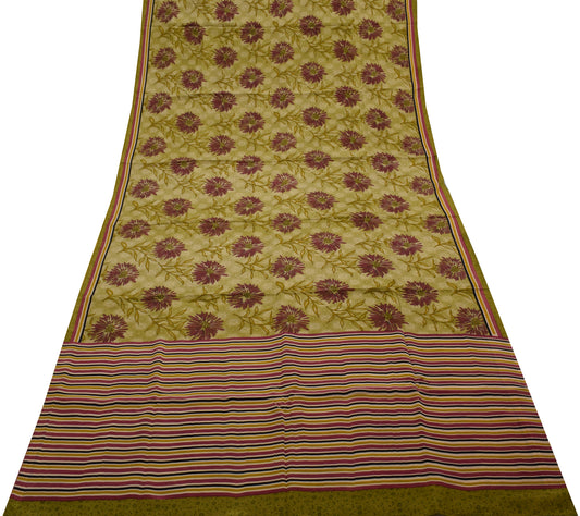 Sushila Vintage Green Saree 100% Pure Crepe Silk Printed Floral Soft Fabric