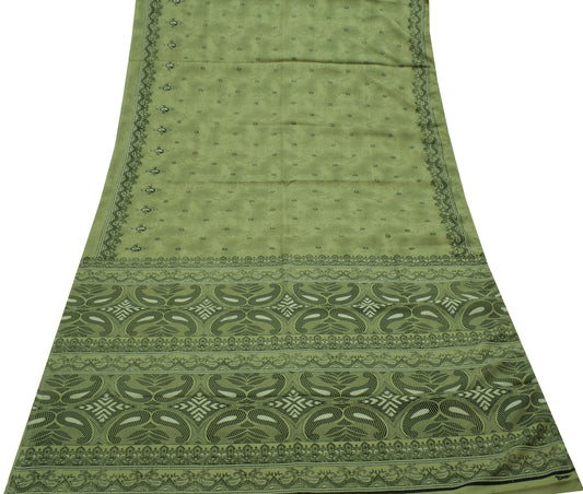 Sushila Vintage Green Saree Blend Silk Printed Floral Soft Craft Sari Fabric