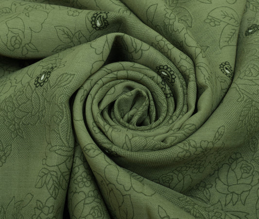 Sushila Vintage Green Saree Blend Silk Printed Floral Soft Craft Sari Fabric