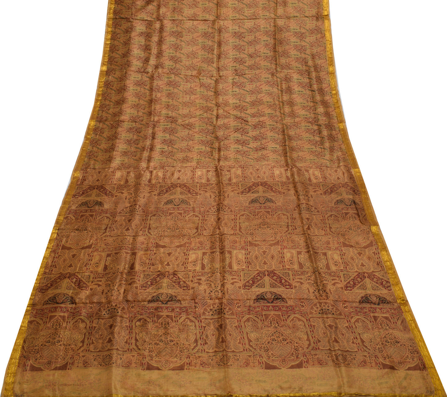Sushila Vintage Brown Saree 100% Pure Silk Printed Floral Soft Craft Sari Fabric