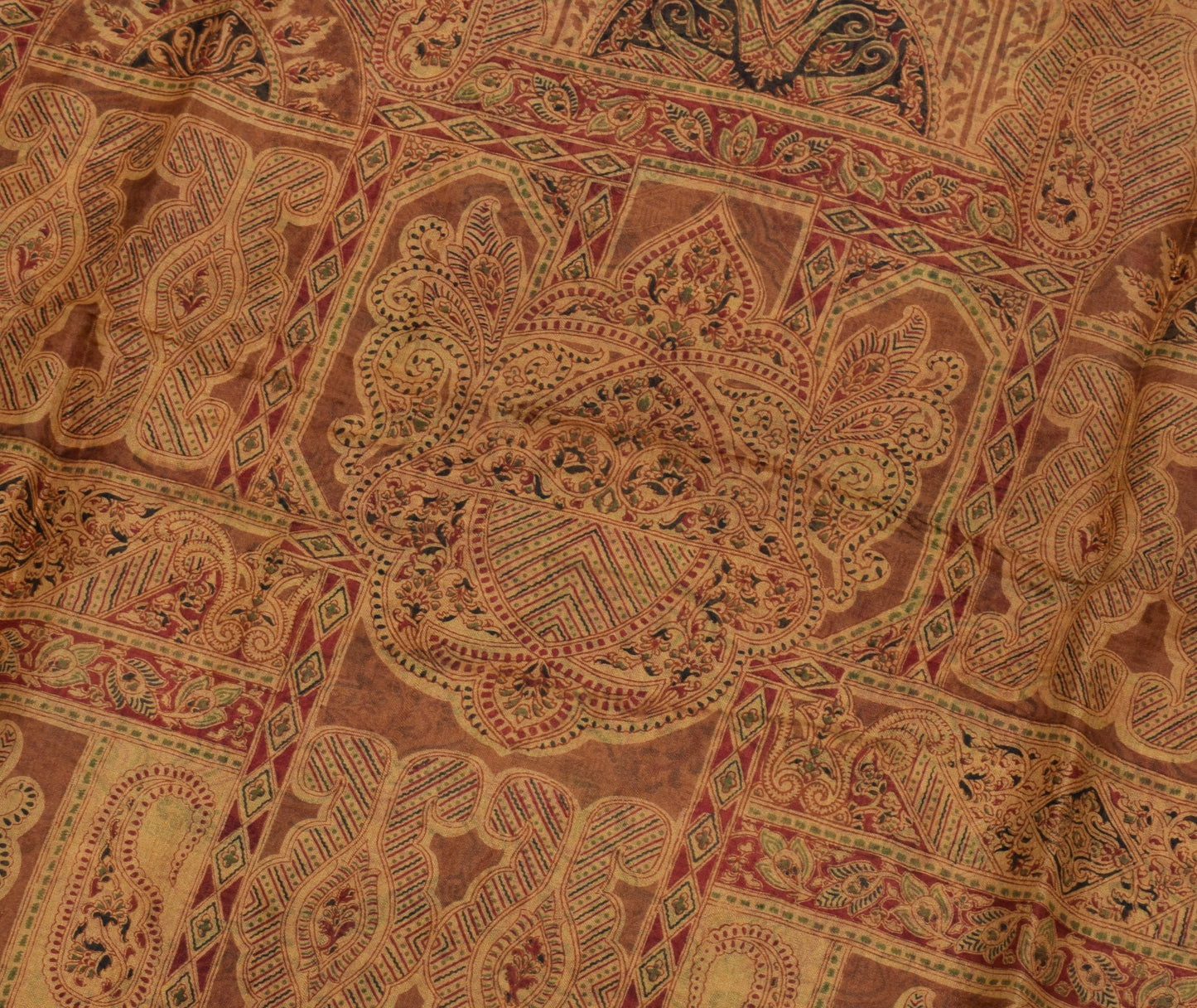 Sushila Vintage Brown Saree 100% Pure Silk Printed Floral Soft Craft Sari Fabric
