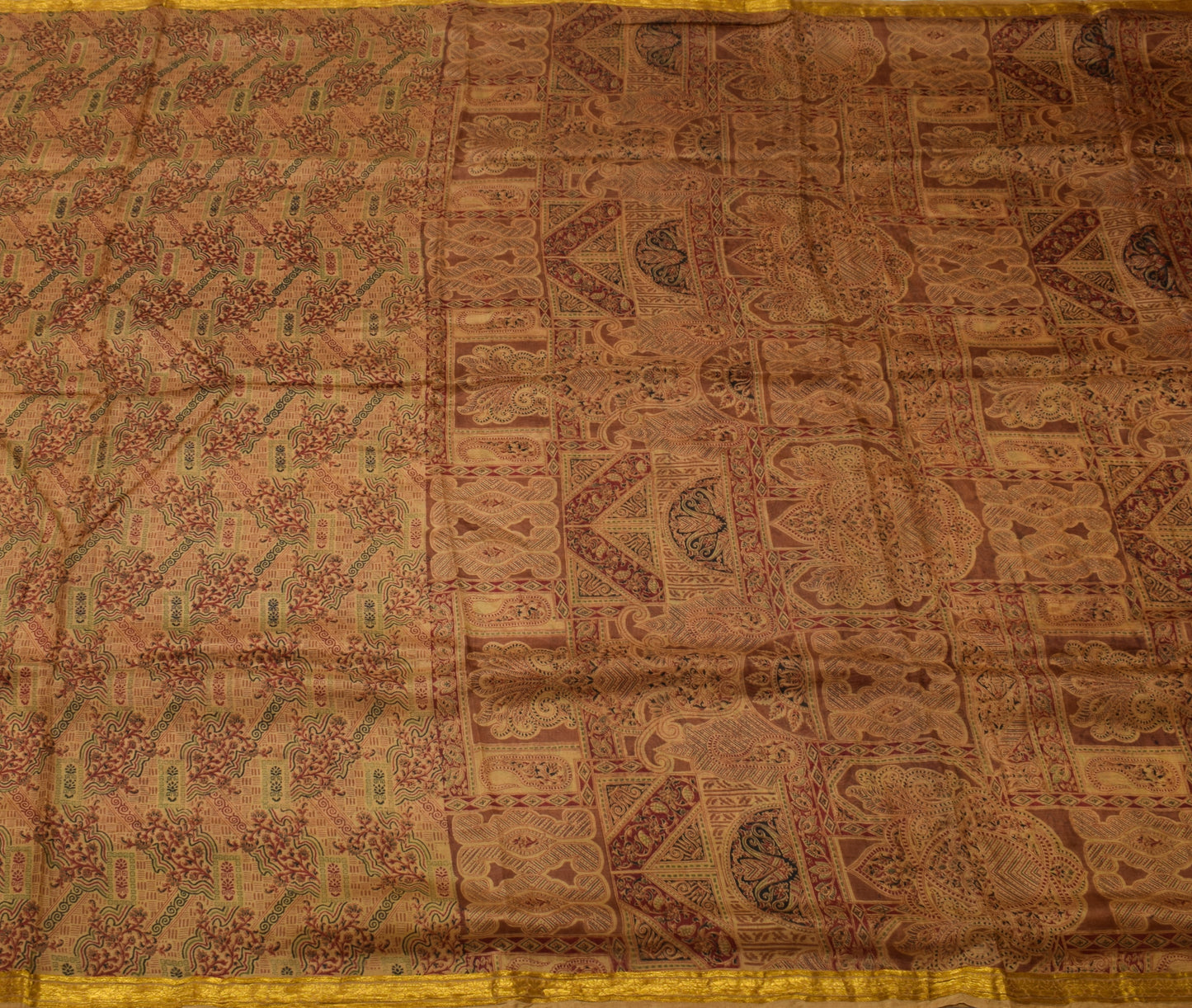 Sushila Vintage Brown Saree 100% Pure Silk Printed Floral Soft Craft Sari Fabric