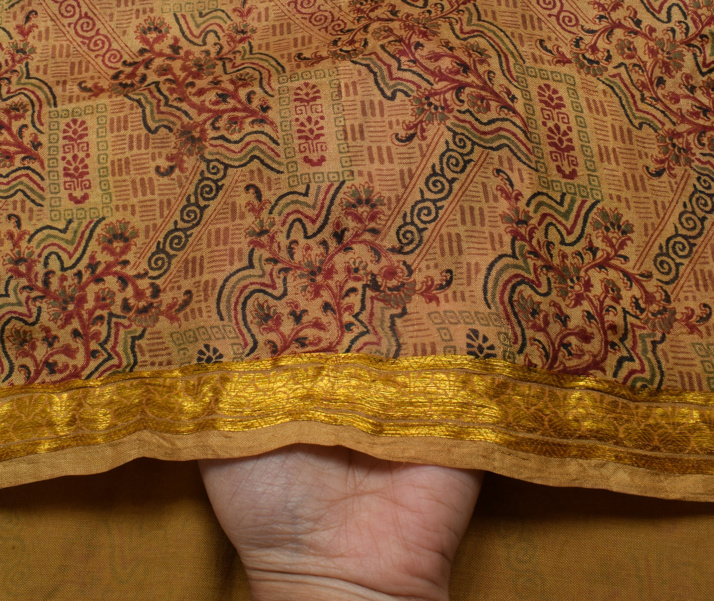 Sushila Vintage Brown Saree 100% Pure Silk Printed Floral Soft Craft Sari Fabric