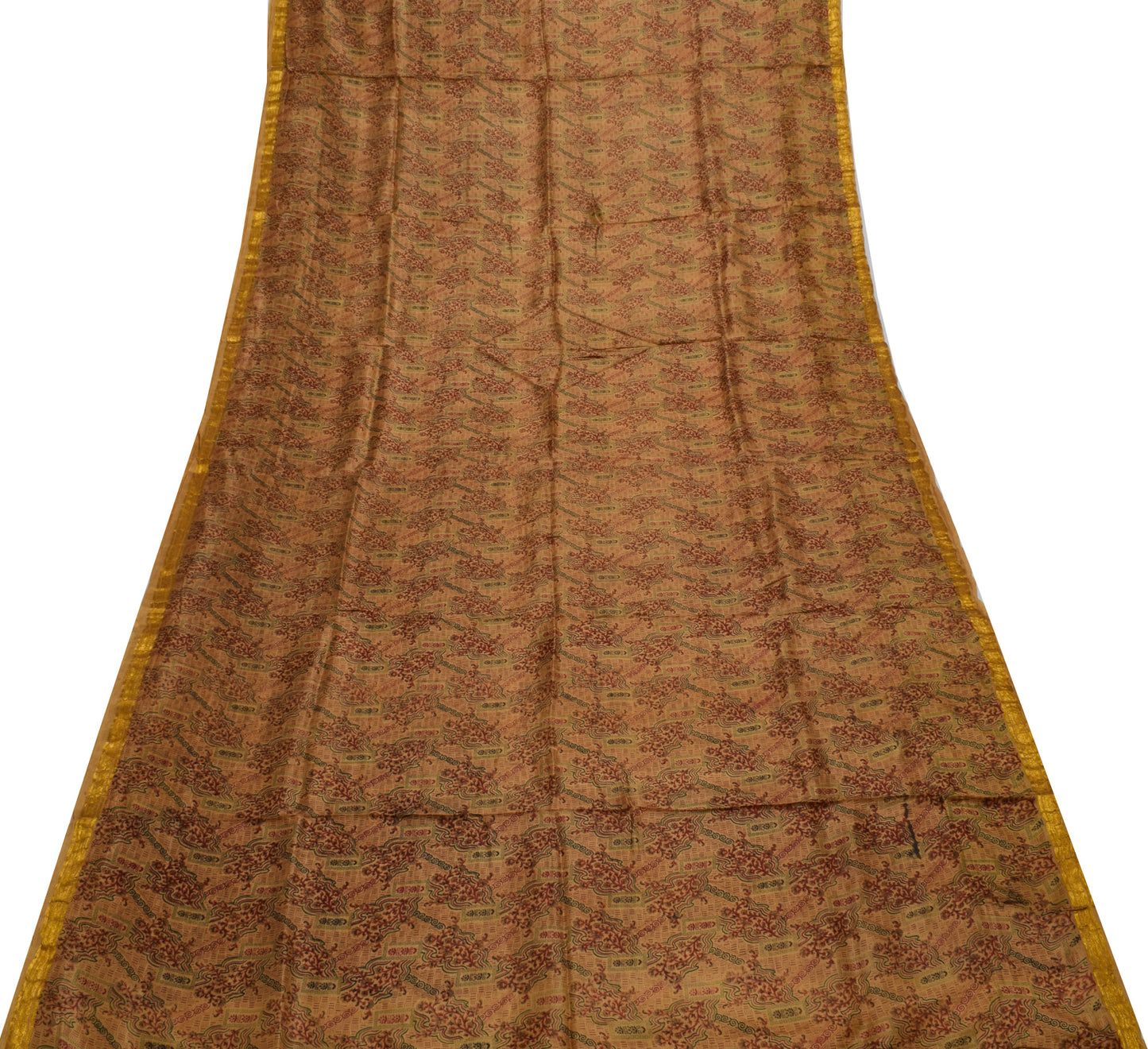 Sushila Vintage Brown Saree 100% Pure Silk Printed Floral Soft Craft Sari Fabric