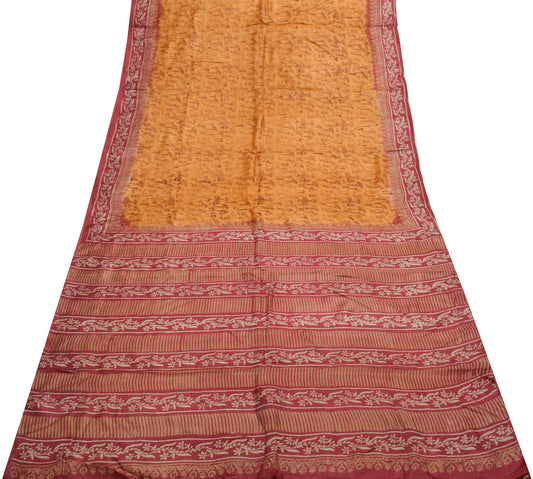 Sushila Vintage Brown Saree 100% Pure Silk Printed 5 Yard Soft Craft Fabric