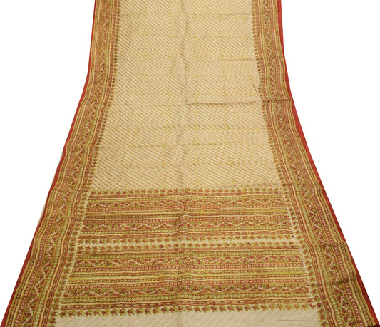 Sushila Vintage Cream Saree 100% Pure Silk Printed Floral Soft Craft Fabric