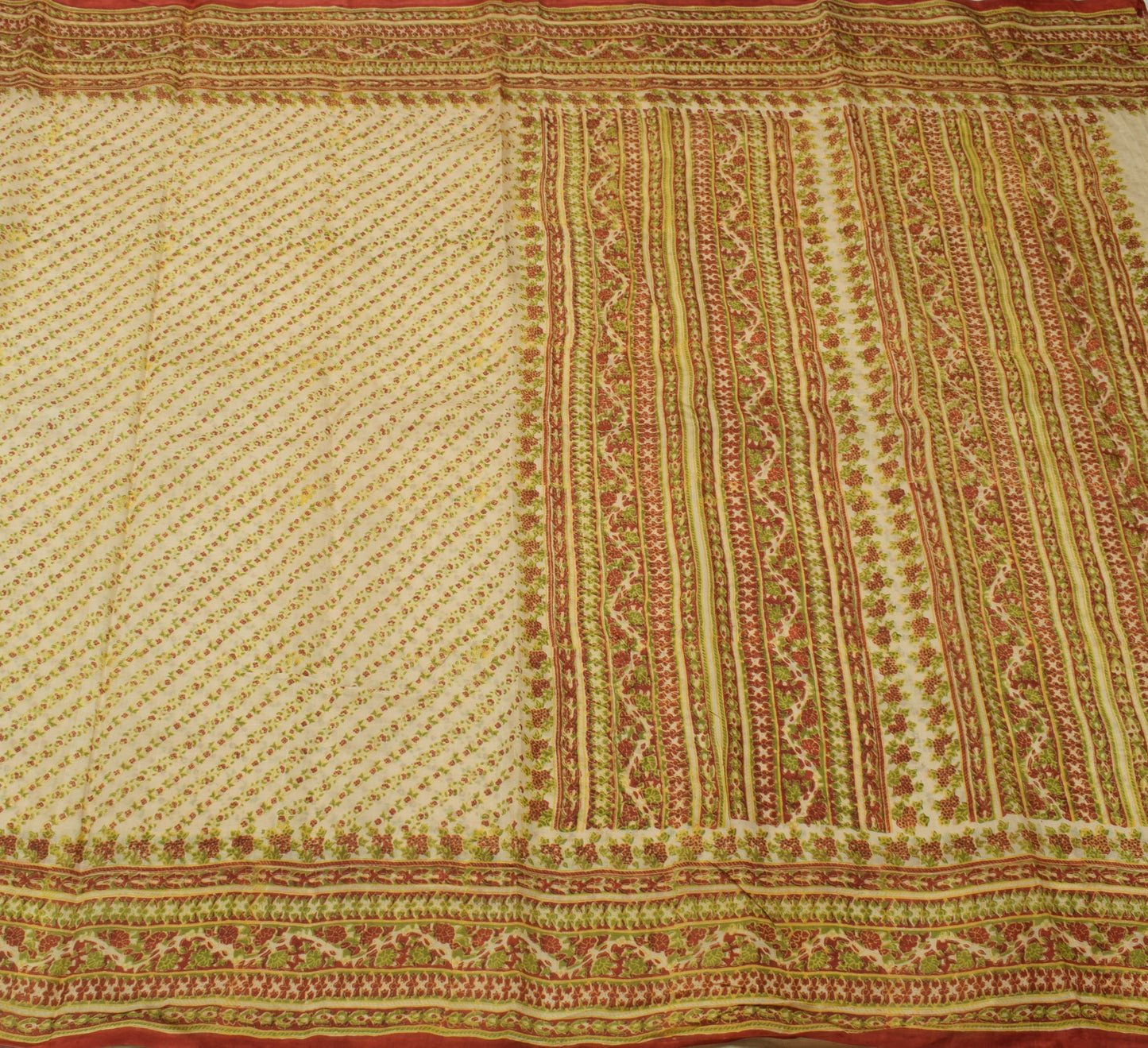Sushila Vintage Cream Saree 100% Pure Silk Printed Floral Soft Craft Fabric