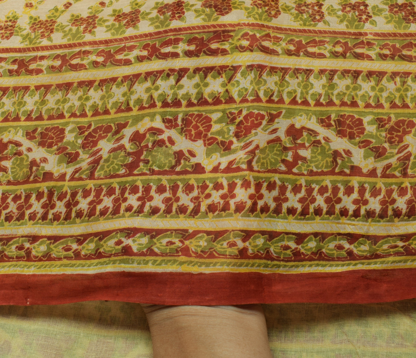 Sushila Vintage Cream Saree 100% Pure Silk Printed Floral Soft Craft Fabric