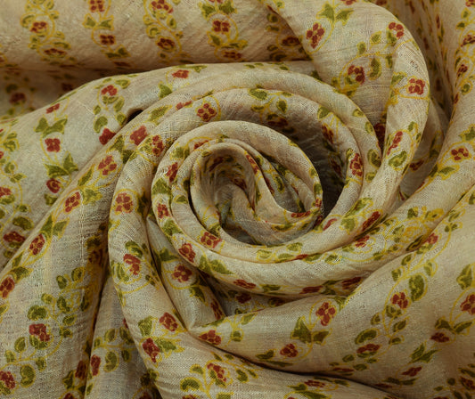Sushila Vintage Cream Saree 100% Pure Silk Printed Floral Soft Craft Fabric
