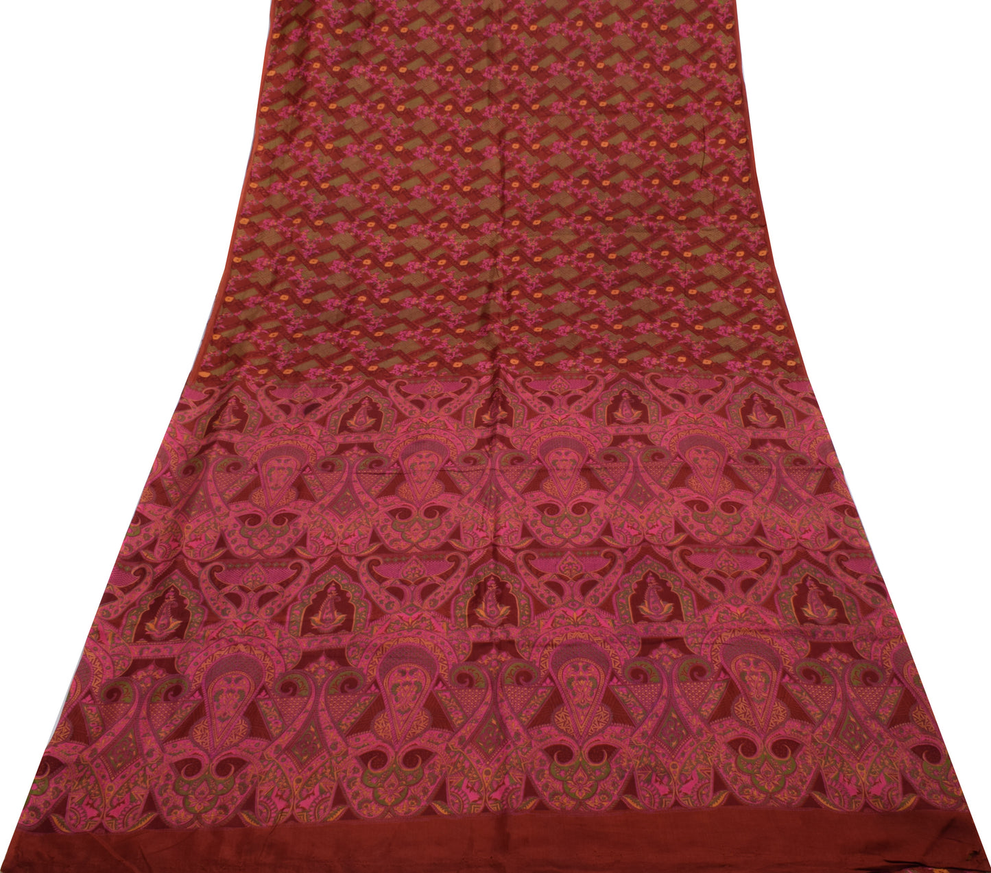 Sushila Vintage Maroon Saree 100% Pure Silk Printed 5 Yard Soft Craft Fabric