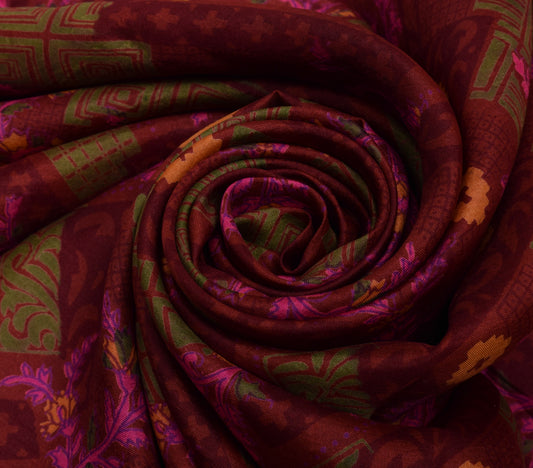 Sushila Vintage Maroon Saree 100% Pure Silk Printed 5 Yard Soft Craft Fabric