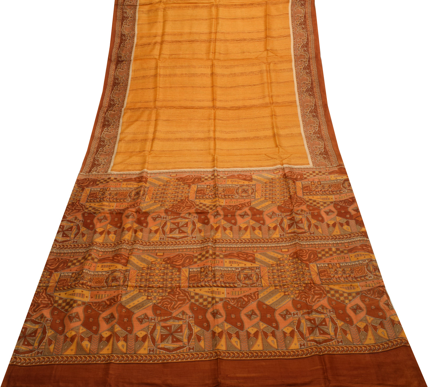 Sushila Vintage Mustard Saree 100% Pure Silk Printed 5 Yard Soft Craft Fabric