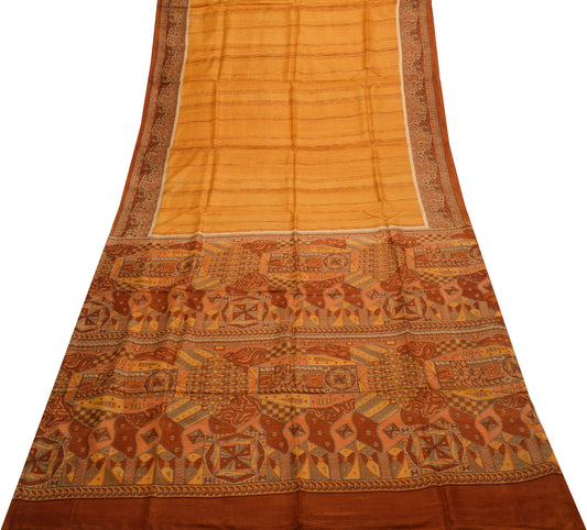 Sushila Vintage Mustard Saree 100% Pure Silk Printed 5 Yard Soft Craft Fabric