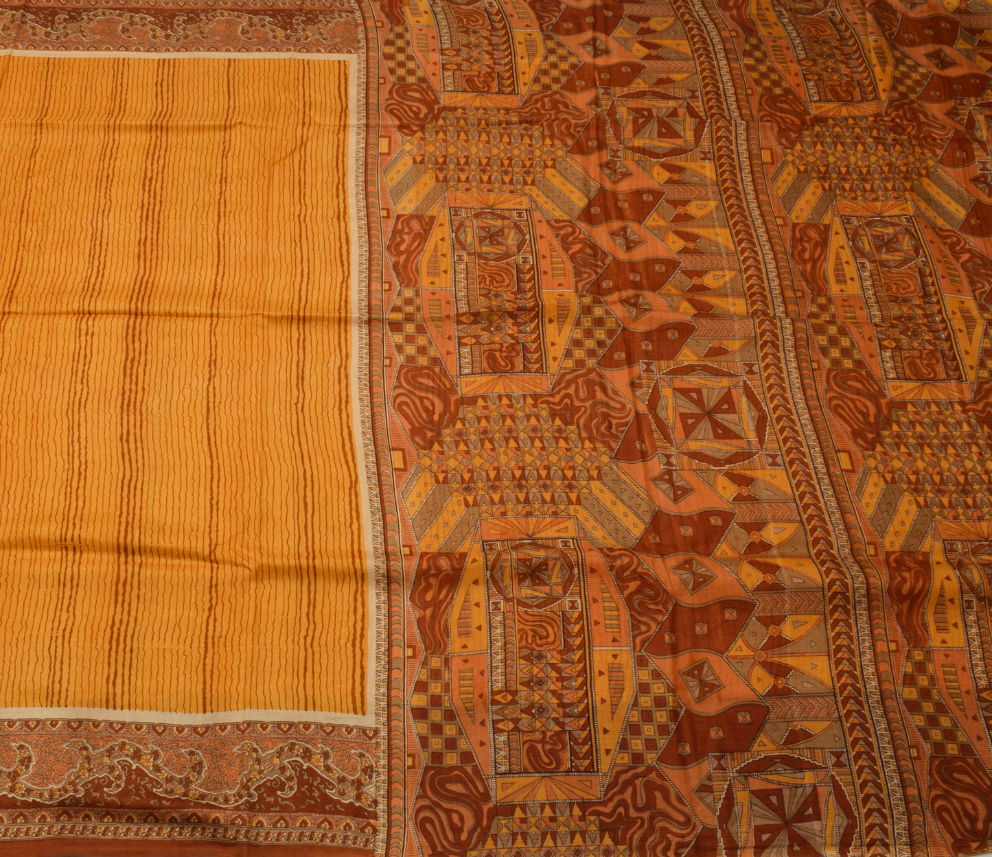 Sushila Vintage Mustard Saree 100% Pure Silk Printed 5 Yard Soft Craft Fabric