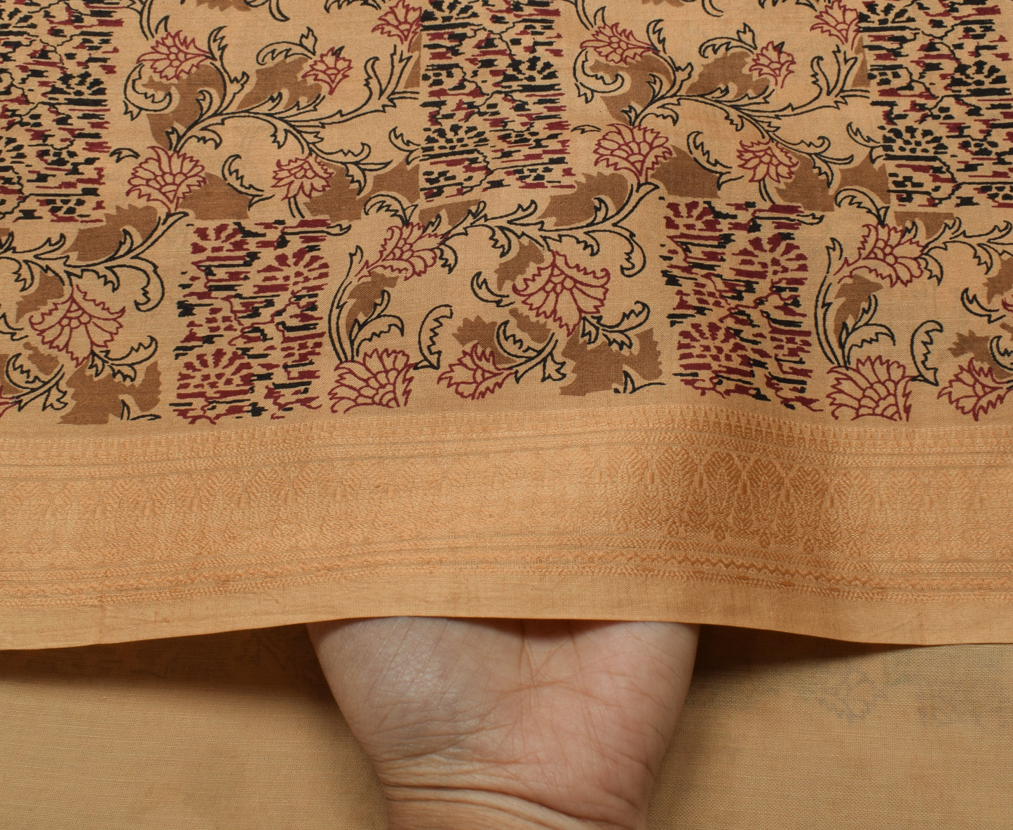 Sushila Vintage Light Brown Saree Pure Silk Printed Floral Soft Craft Fabric