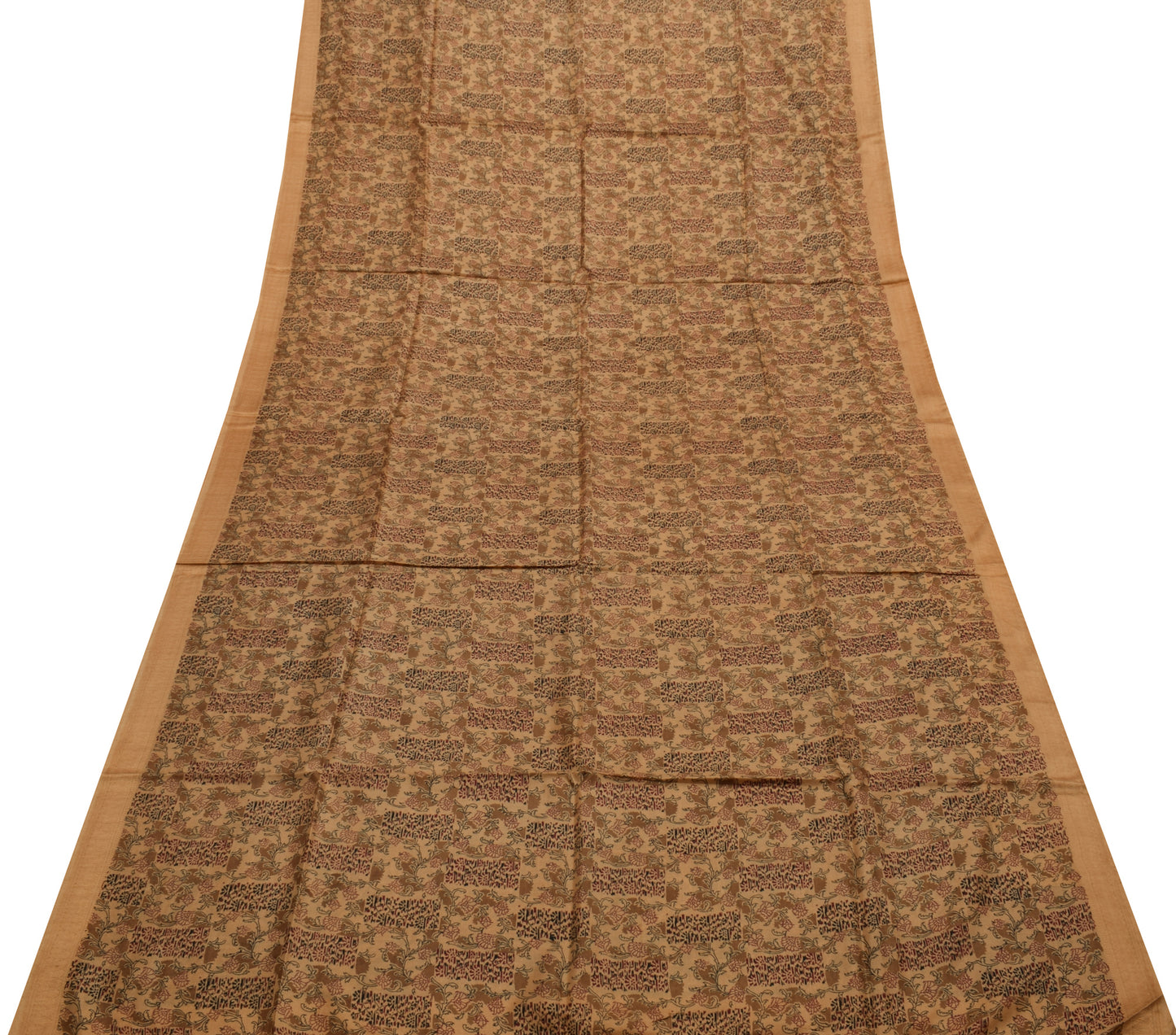 Sushila Vintage Light Brown Saree Pure Silk Printed Floral Soft Craft Fabric