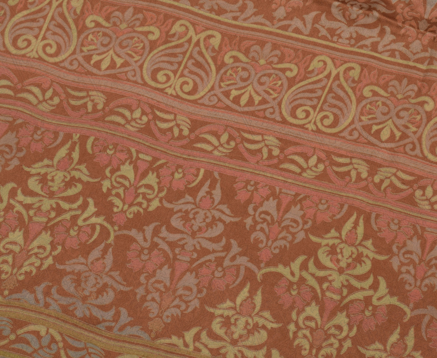 Sushila Vintage Brown Saree 100% Pure Satin Silk Printed Floral Soft Fabric