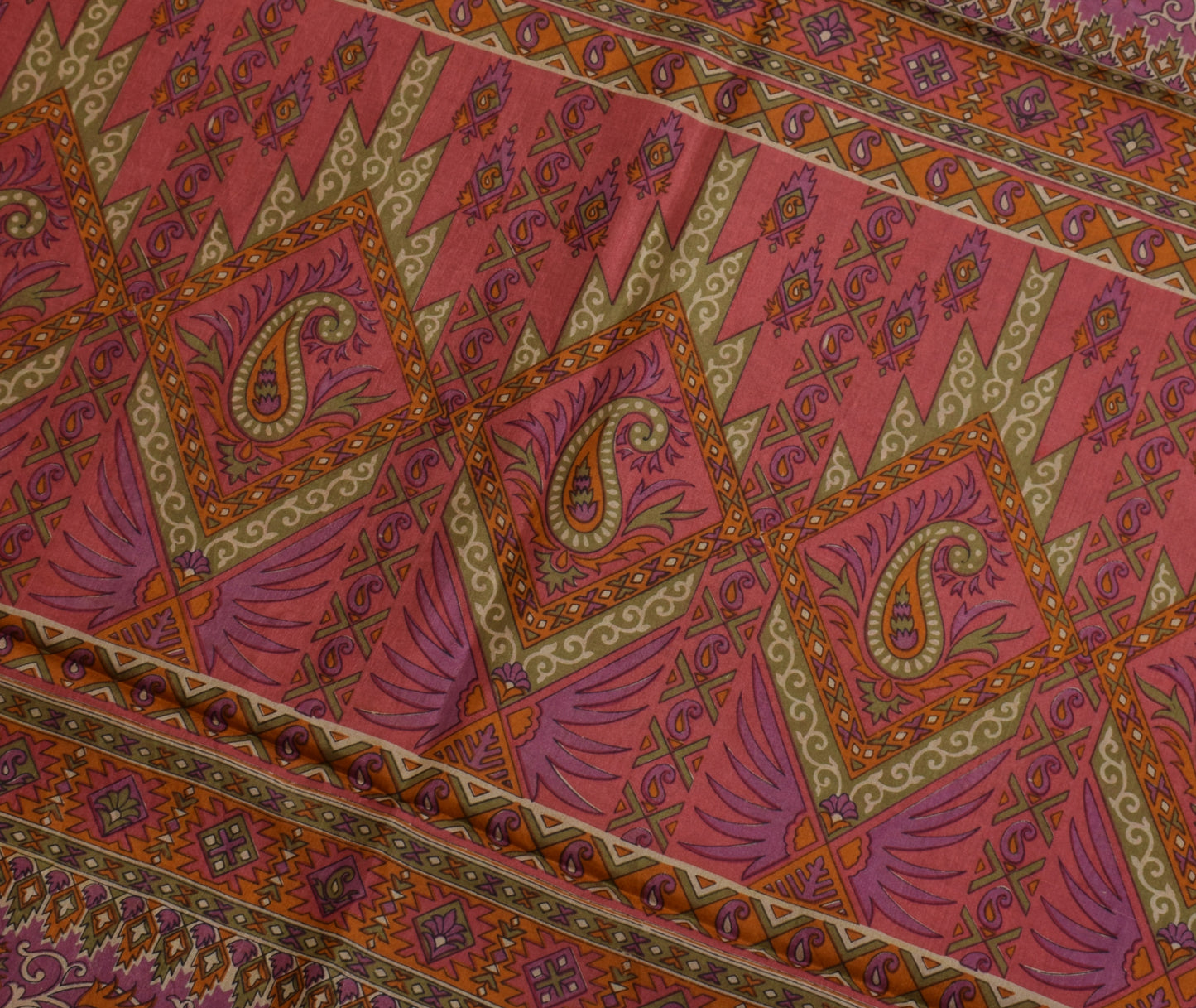 Sushila Vintage Brown Saree 100% Pure Silk Printed Paisley Soft Craft 5YD Fabric