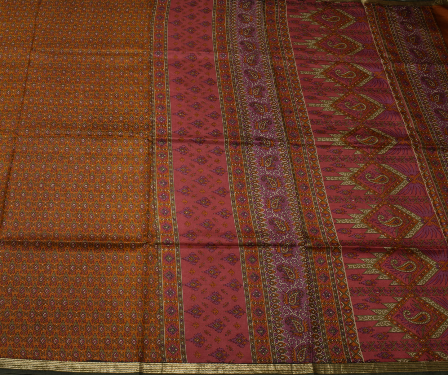 Sushila Vintage Brown Saree 100% Pure Silk Printed Paisley Soft Craft 5YD Fabric