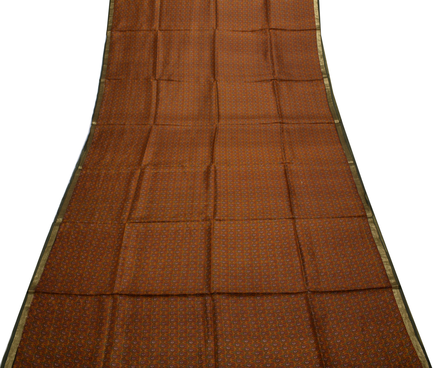 Sushila Vintage Brown Saree 100% Pure Silk Printed Paisley Soft Craft 5YD Fabric
