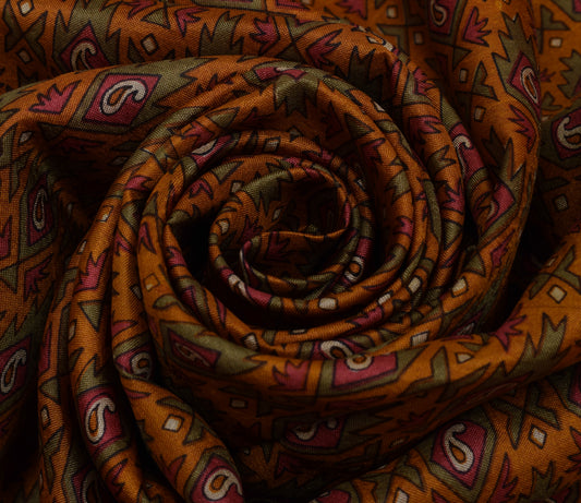 Sushila Vintage Brown Saree 100% Pure Silk Printed Paisley Soft Craft 5YD Fabric