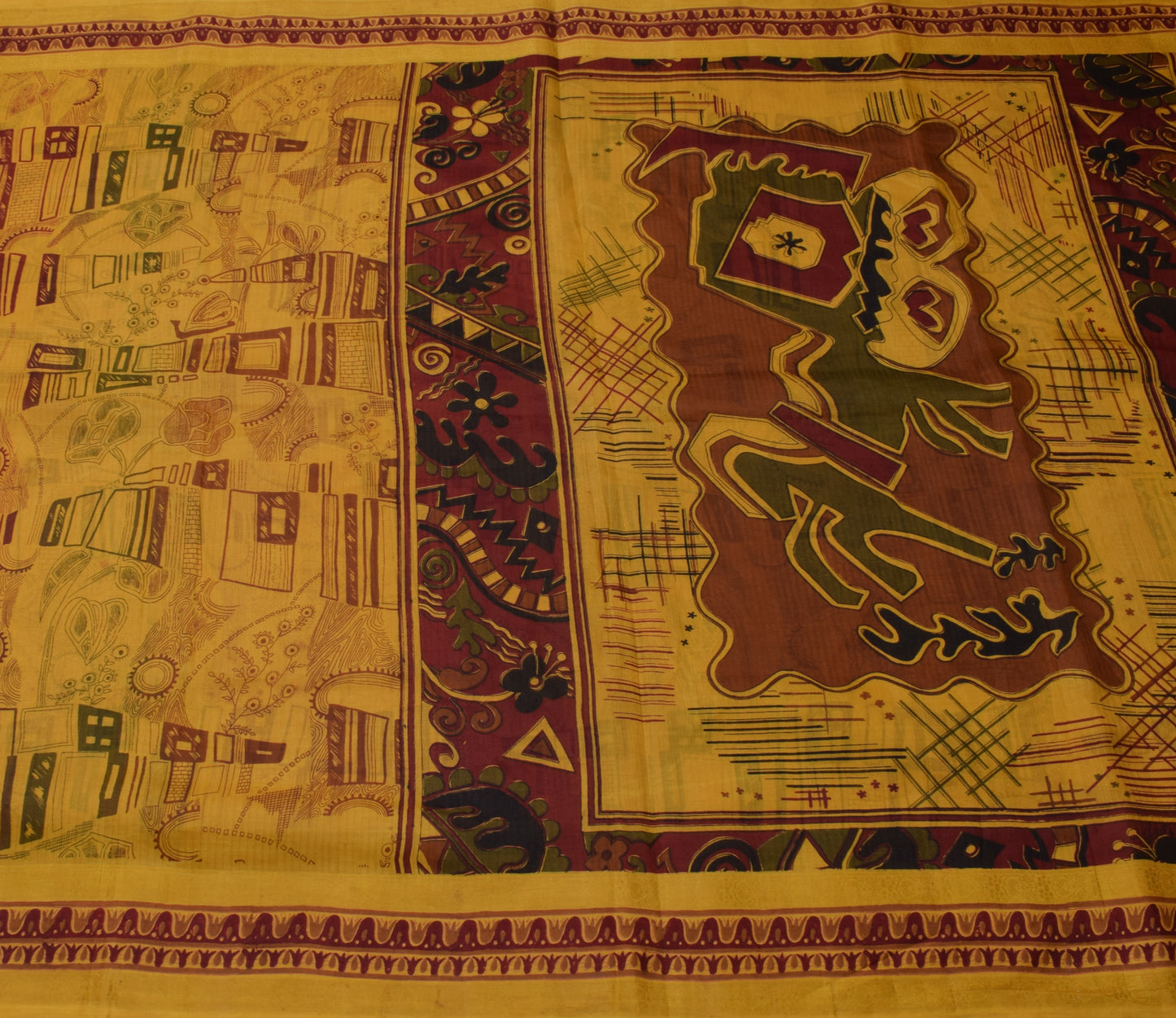 Sushila Vintage Mustard Saree 100% Pure Silk Printed 5 Yard Soft Craft Fabric