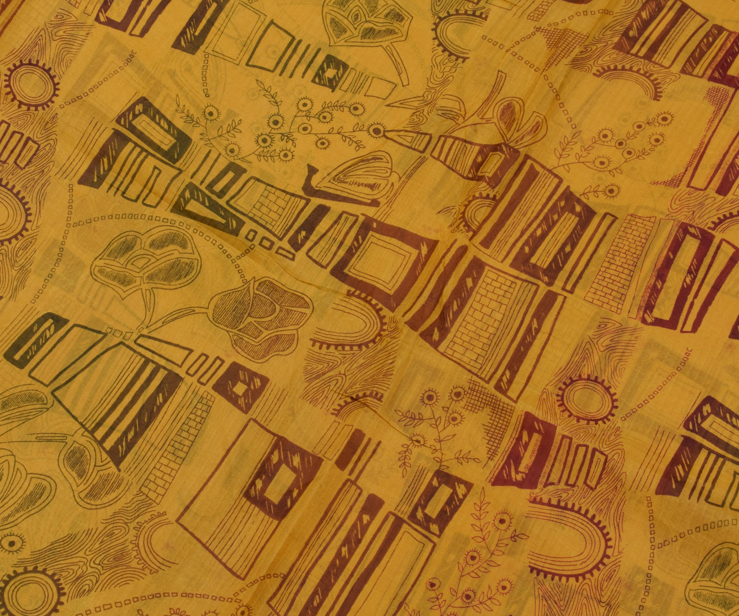 Sushila Vintage Mustard Saree 100% Pure Silk Printed 5 Yard Soft Craft Fabric
