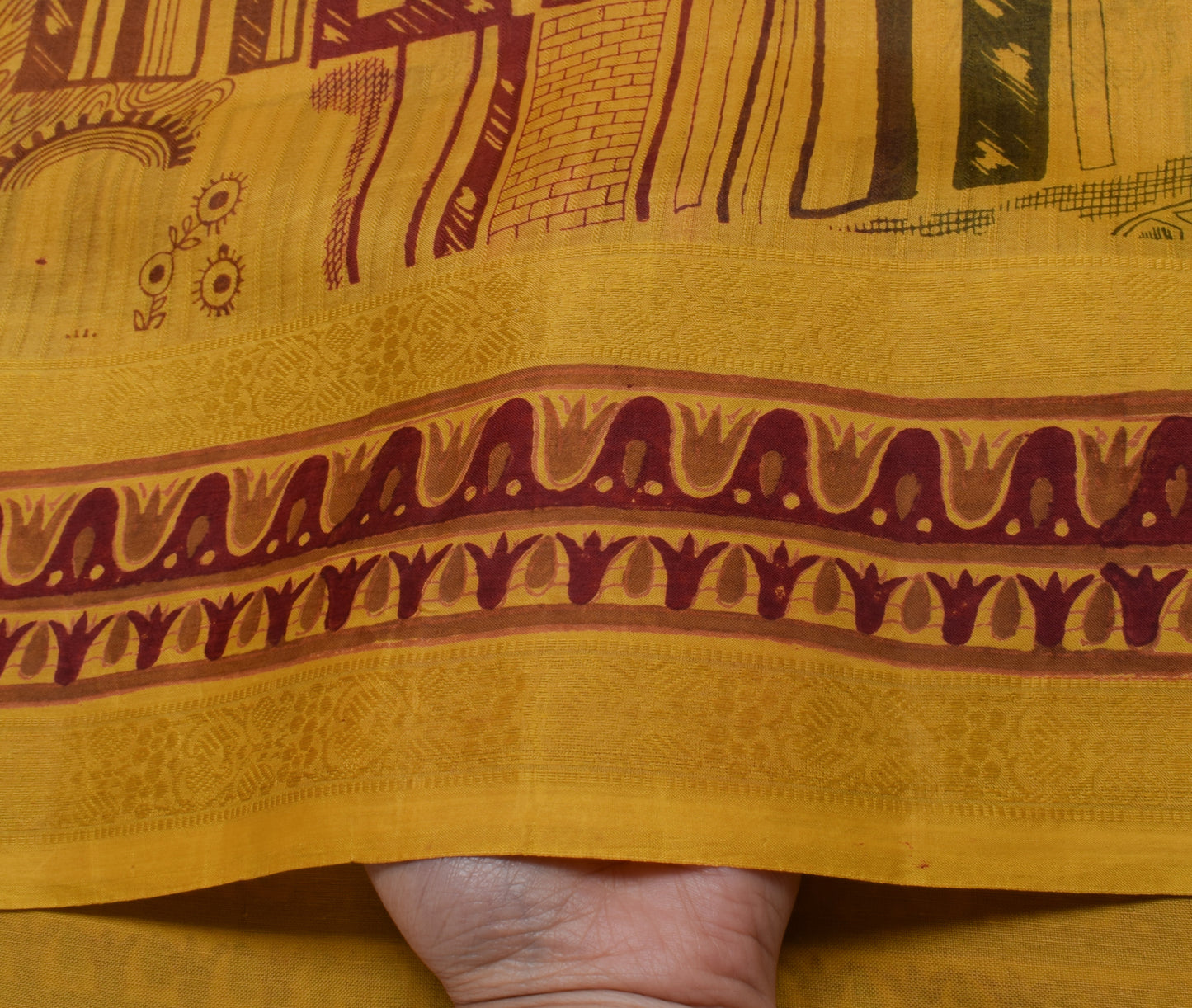 Sushila Vintage Mustard Saree 100% Pure Silk Printed 5 Yard Soft Craft Fabric