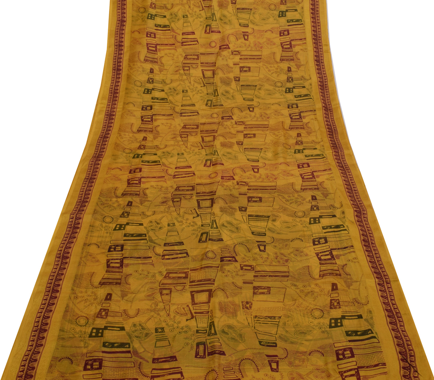 Sushila Vintage Mustard Saree 100% Pure Silk Printed 5 Yard Soft Craft Fabric