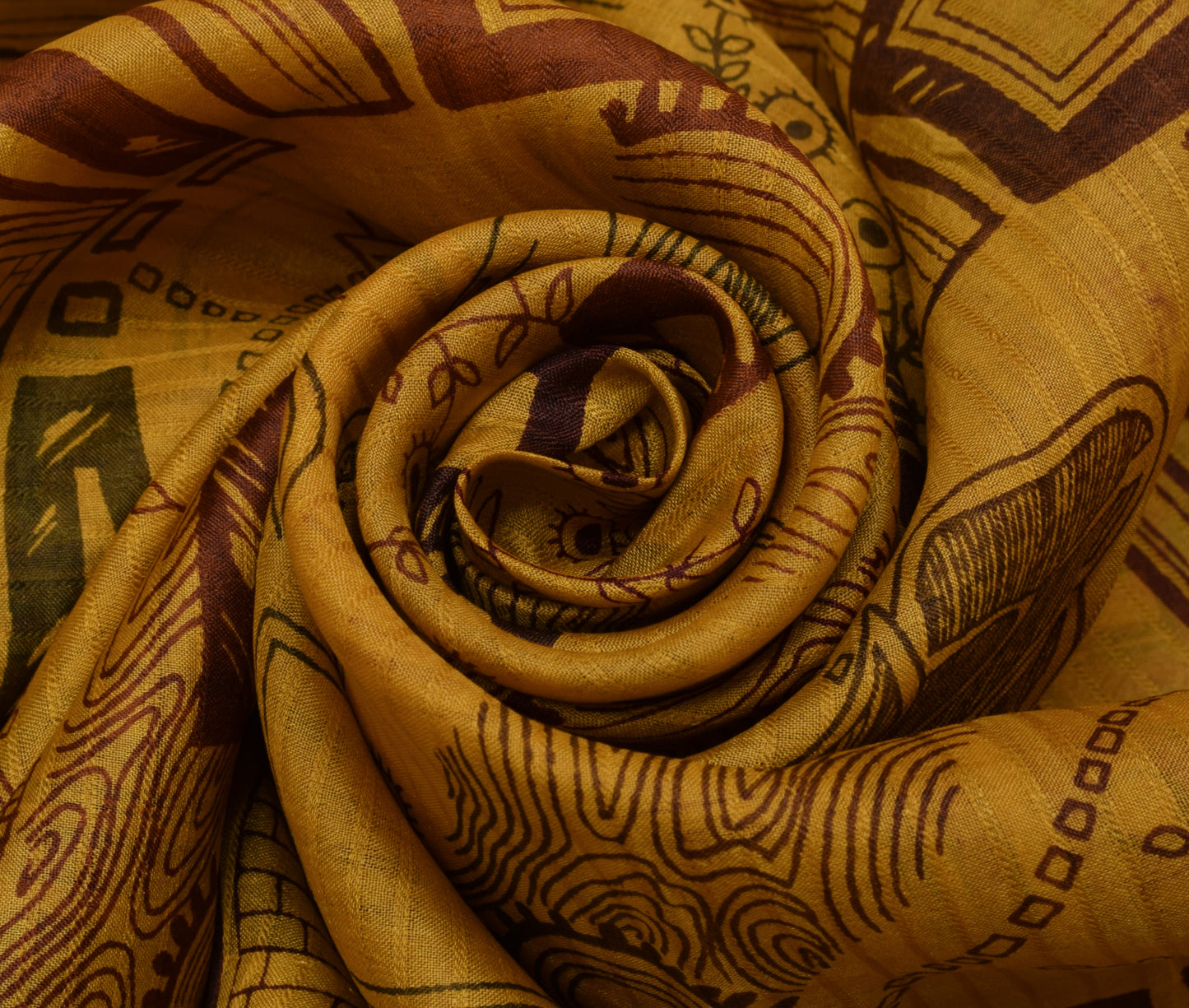 Sushila Vintage Mustard Saree 100% Pure Silk Printed 5 Yard Soft Craft Fabric