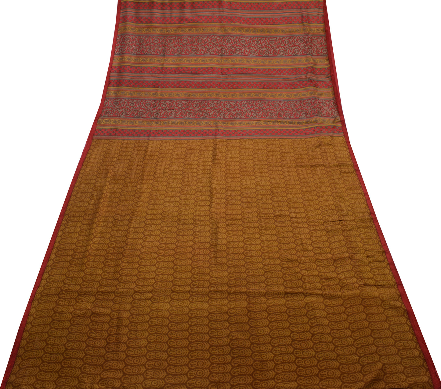 Sushila Vintage Brown Saree 100% Pure Silk Printed Paisley Soft Craft Fabric