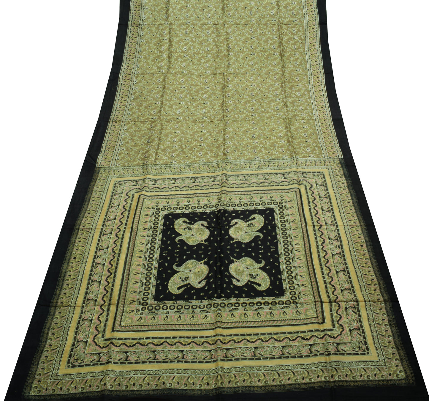 Sushila Vintage Green Saree 100% Pure Silk Printed Floral Soft Craft 5 YD Fabric