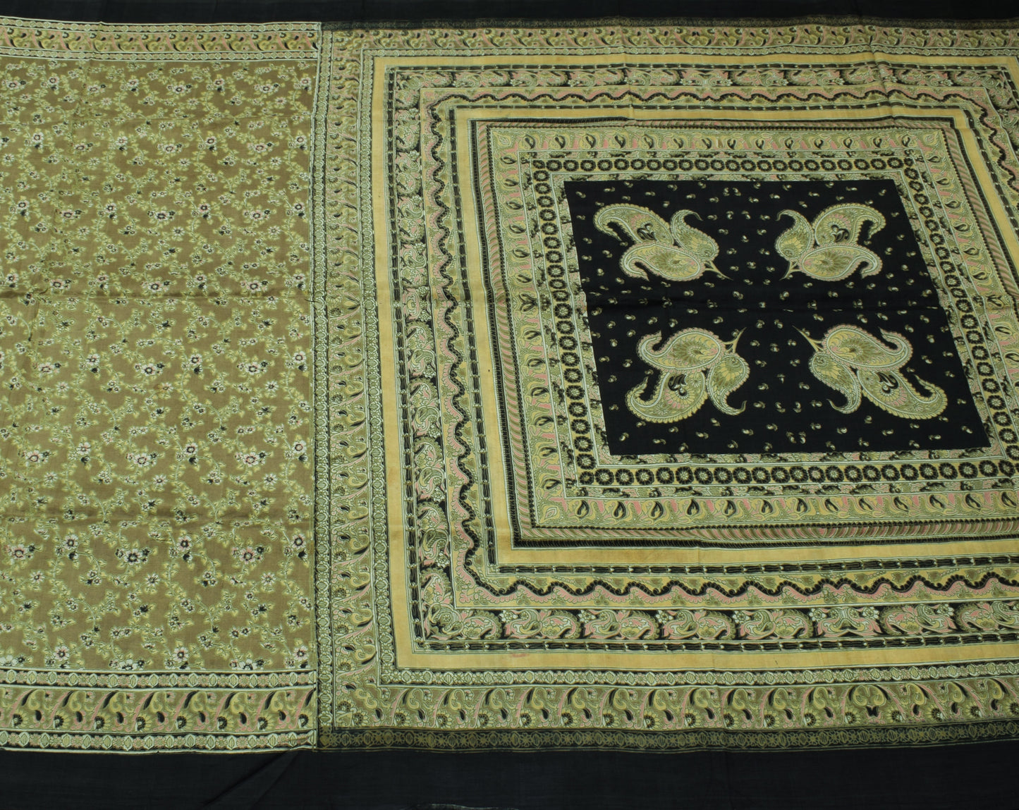 Sushila Vintage Green Saree 100% Pure Silk Printed Floral Soft Craft 5 YD Fabric