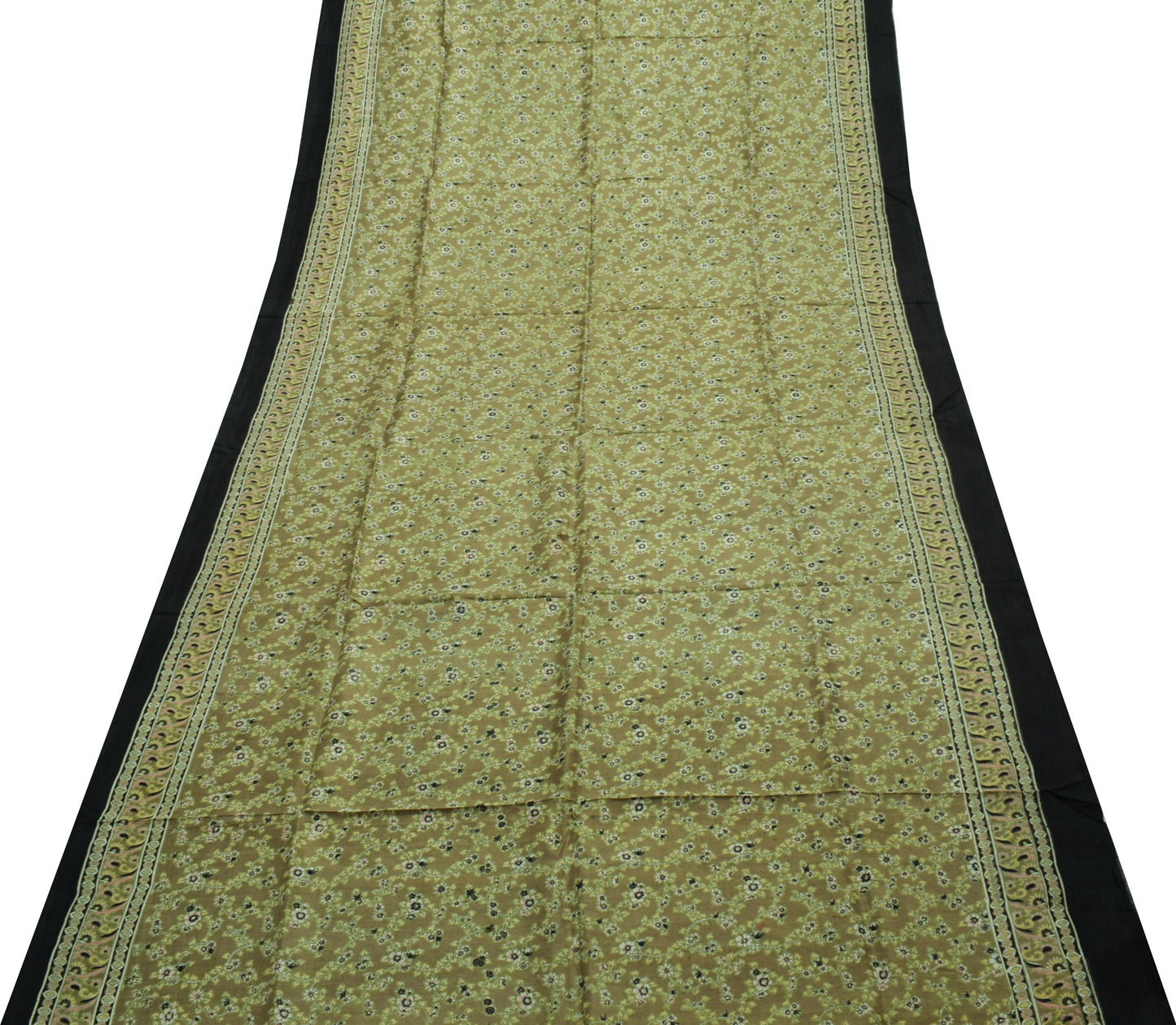 Sushila Vintage Green Saree 100% Pure Silk Printed Floral Soft Craft 5 YD Fabric