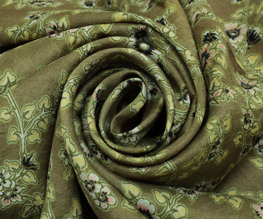 Sushila Vintage Green Saree 100% Pure Silk Printed Floral Soft Craft 5 YD Fabric