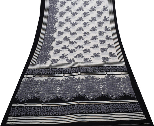 Sushila Vintage Off White Saree Blend Silk Printed Floral Soft Craft Fabric