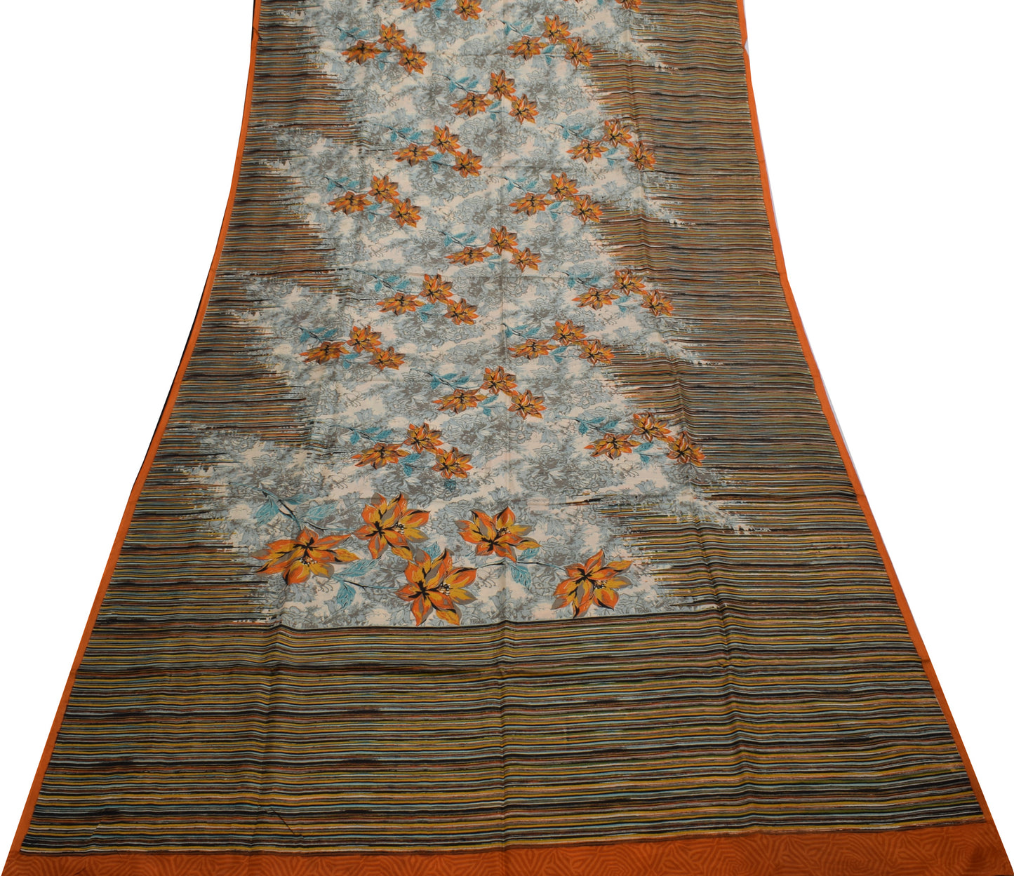 Sushila Vintage Cream Saree 100% Pure Silk Printed Floral Soft Craft Fabric