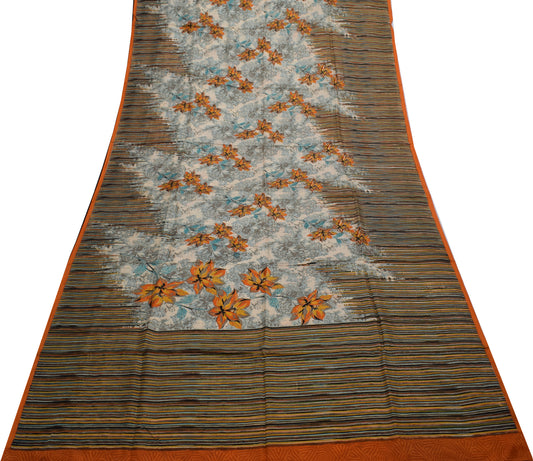 Sushila Vintage Cream Saree 100% Pure Silk Printed Floral Soft Craft Fabric