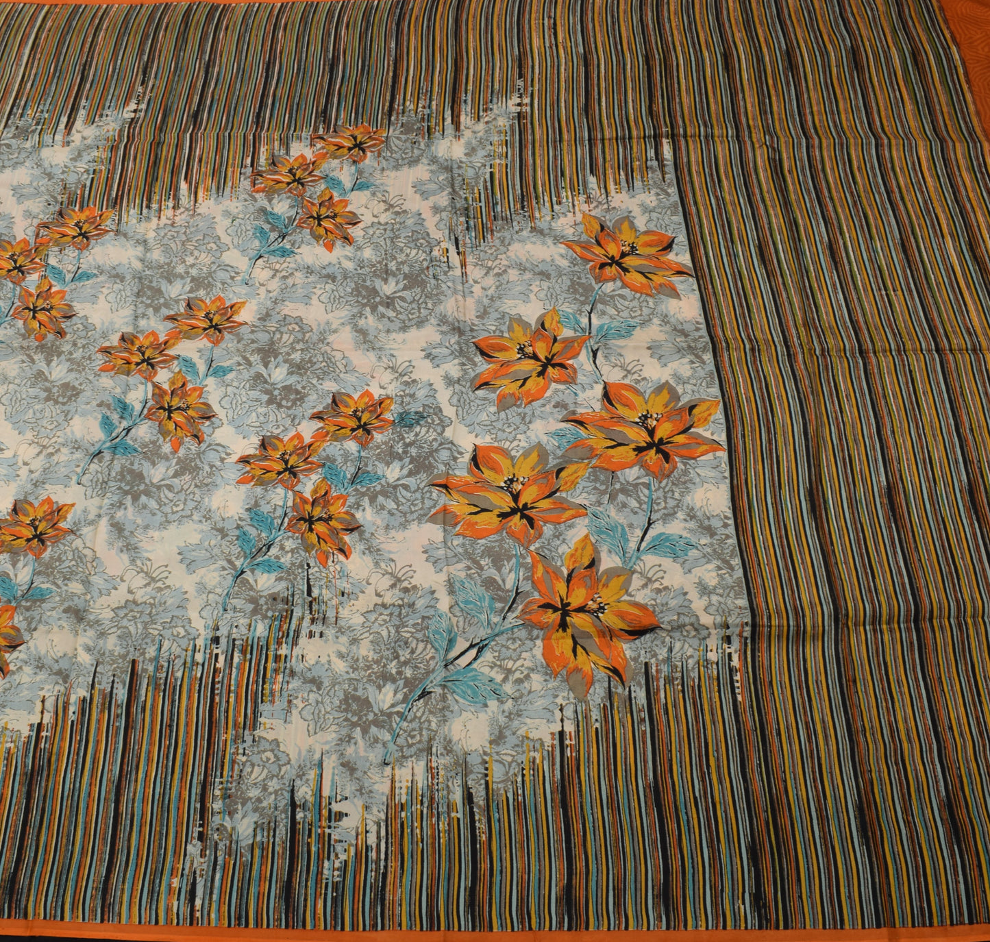 Sushila Vintage Cream Saree 100% Pure Silk Printed Floral Soft Craft Fabric