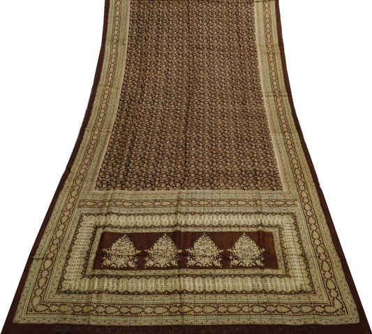 Sushila Vintage Btrown Saree 100% Pure Silk Printed Floral Soft Craft Fabric