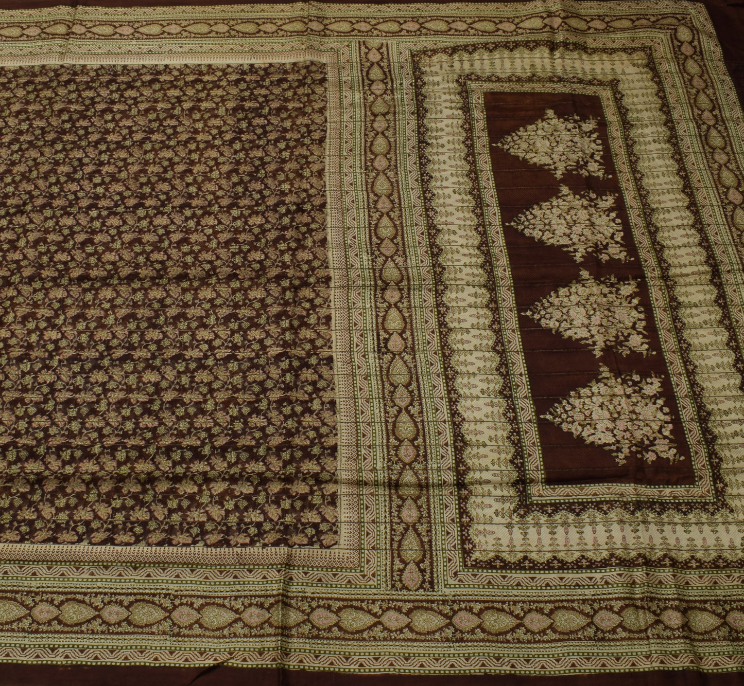 Sushila Vintage Btrown Saree 100% Pure Silk Printed Floral Soft Craft Fabric